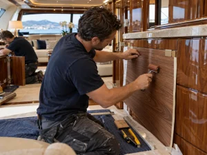 yacht cabinet refacing in Fort Lauderdale showing marine cabinetry restoration process